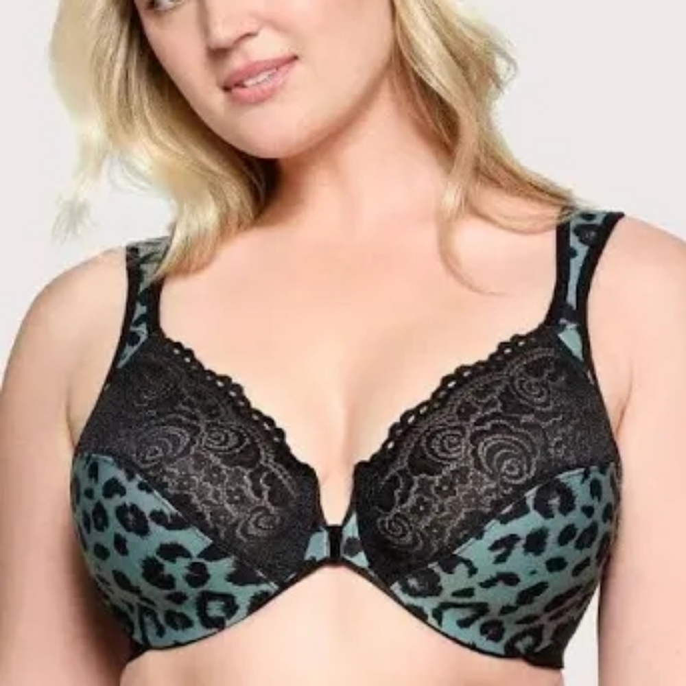 Glamorise WonderWire Front Close Bra, 50F, Green Leopard, 1245